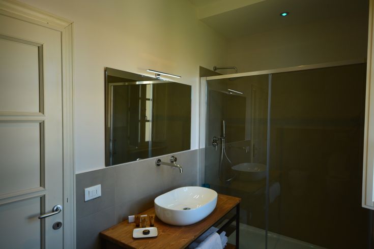 Modern bathroom with shower, sink, and mirrors, providing a cozy and relaxing atmosphere.