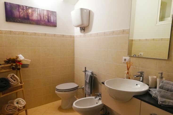 Bagno semplice e funzionale, arredato con elementi moderni e decorazioni sobrie per un ambiente confortevole.