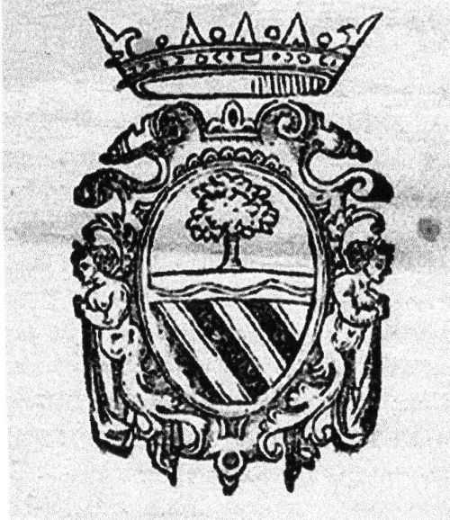 Stemma nobiliare con corona e figure decorative, rappresenta una famiglia storica.