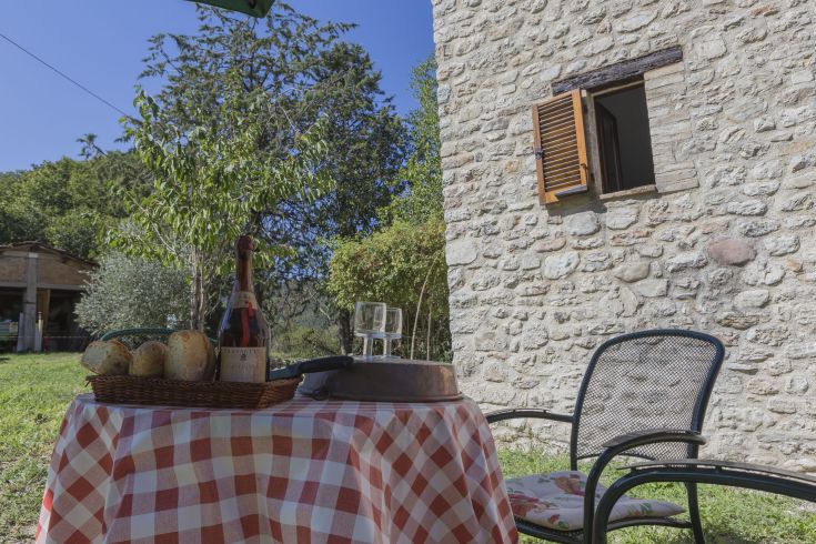 An outdoor table set with dishes, bread, and wine, surrounded by trees and greenery.