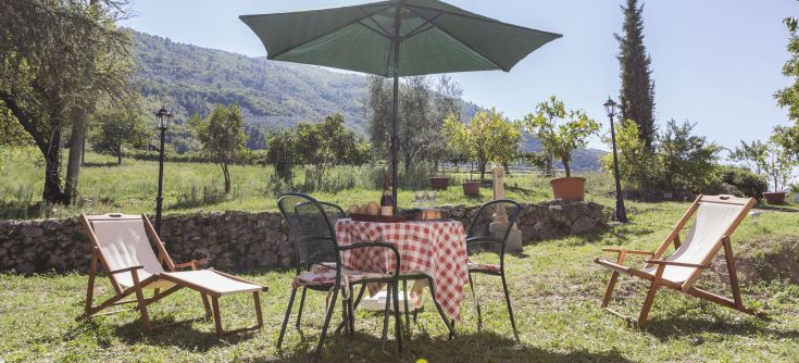 An outdoor area with chairs and an umbrella, surrounded by lush vegetation.