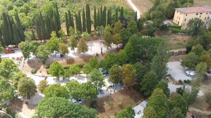 A green area with tall trees and stone paths, surrounded by forests.