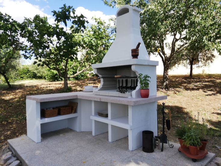 Un barbecue in muratura collocato in un giardino con alberi verdi, perfetto per grigliate all'aperto.