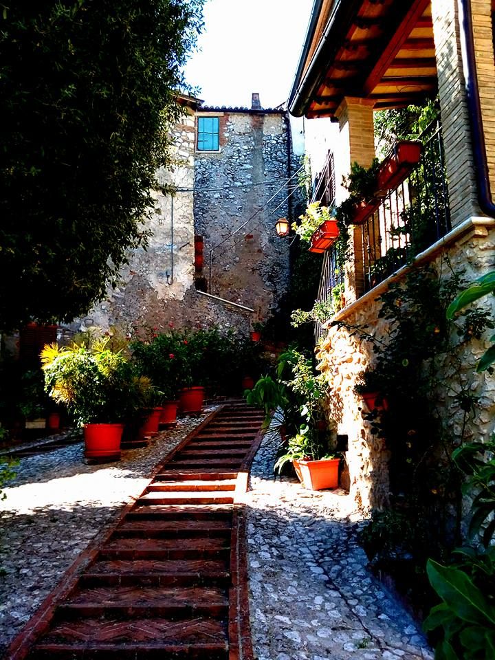 Un chemin paisible menant à une maison dans un village historique, entouré de verdure luxuriante et de fleurs.