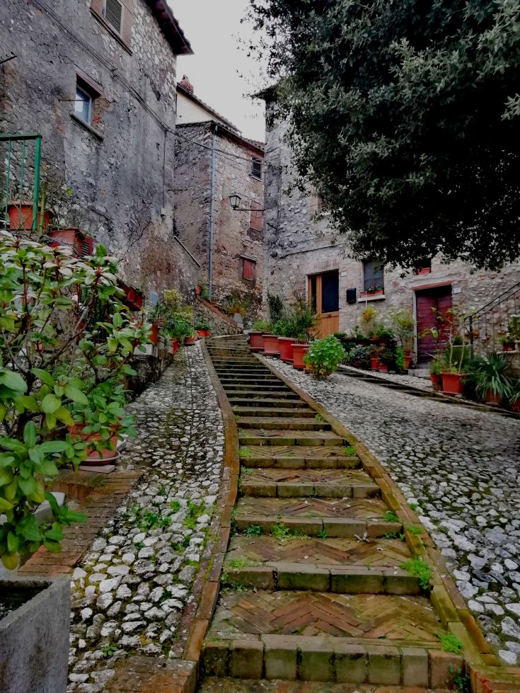 Une ruelle paisible dans un village médiéval, avec des escaliers en pierre et des pots de fleurs décorant l'environnement.