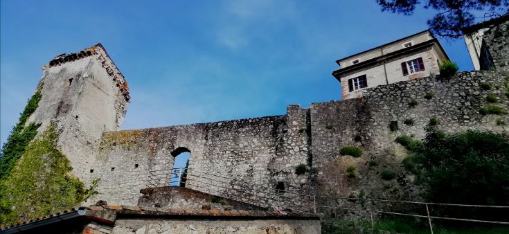 Une scène d'un château médiéval avec une tour et un bâtiment, entouré d'arbres et de verdure.