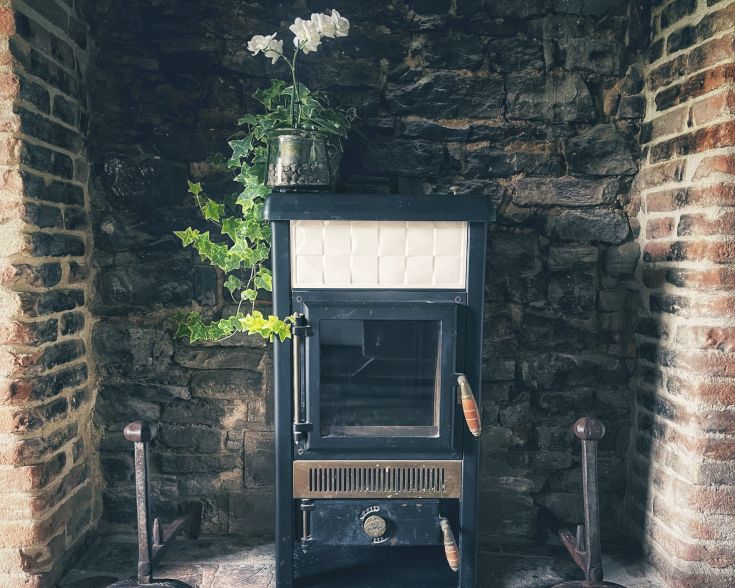 Vintage-Herd in einem einfachen Raum mit Steinwänden und sorgfältig angeordneten grünen Pflanzen.
