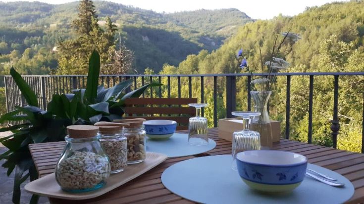 An outdoor table surrounded by greenery, perfect for enjoying breakfast in the open air.