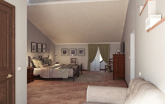 Camera con arredi semplici e dettagli storici, adatta per un soggiorno confortevole.