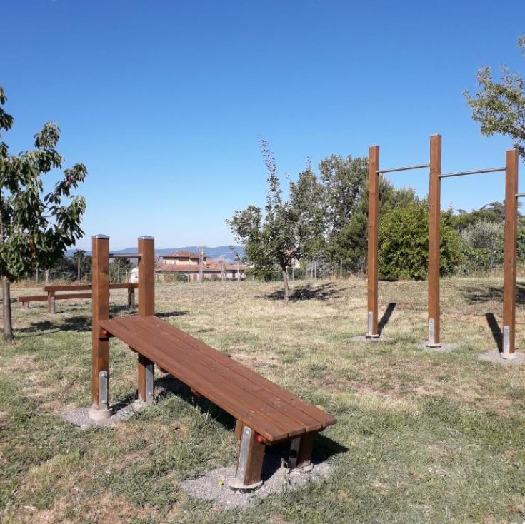Freiluft-Fitnessbereich mit Holzequipment, umgeben von Grün unter einem klaren Himmel.