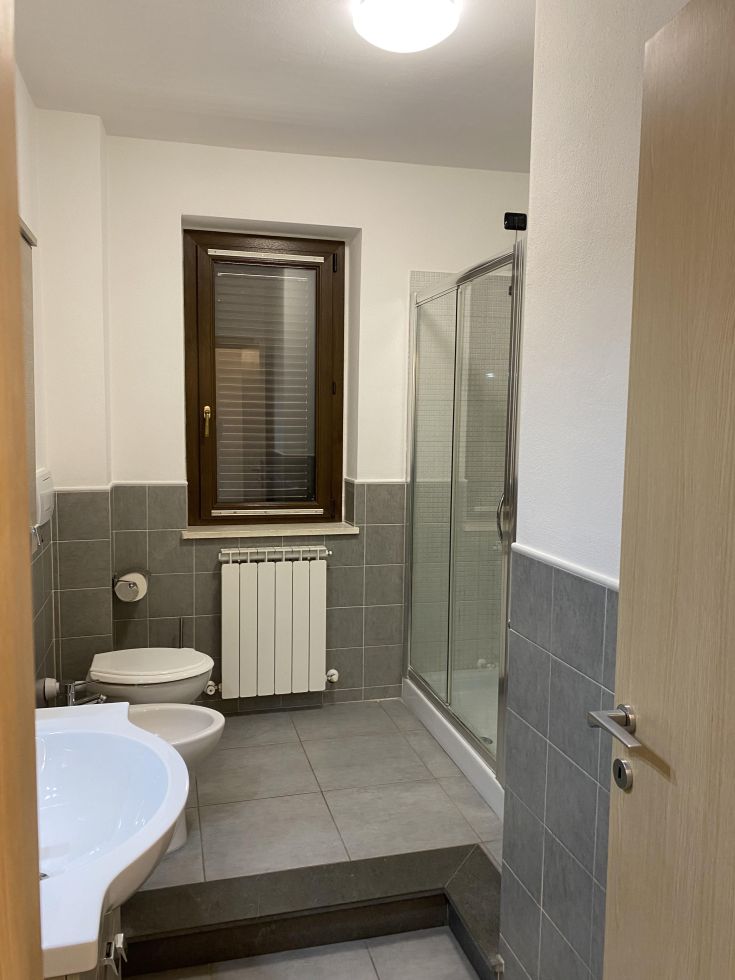 Un bagno arredato con stile contemporaneo, dotato di doccia, lavabo e sanitari funzionali per un soggiorno pratico.