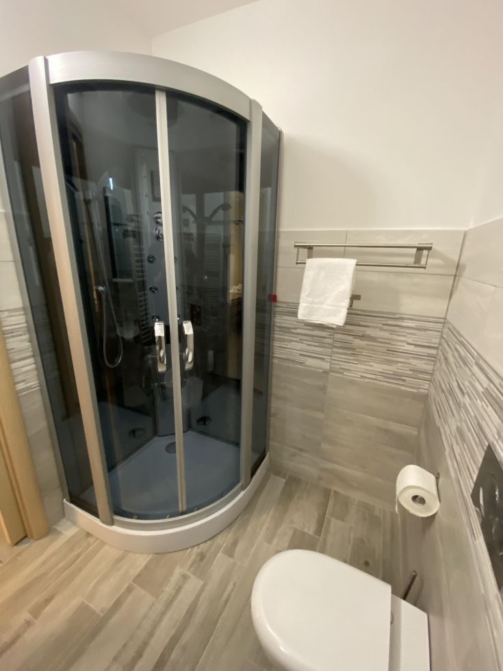 Bagno moderno con doccia in vetro trasparente, sanitari bianchi e pavimento effetto legno chiaro.