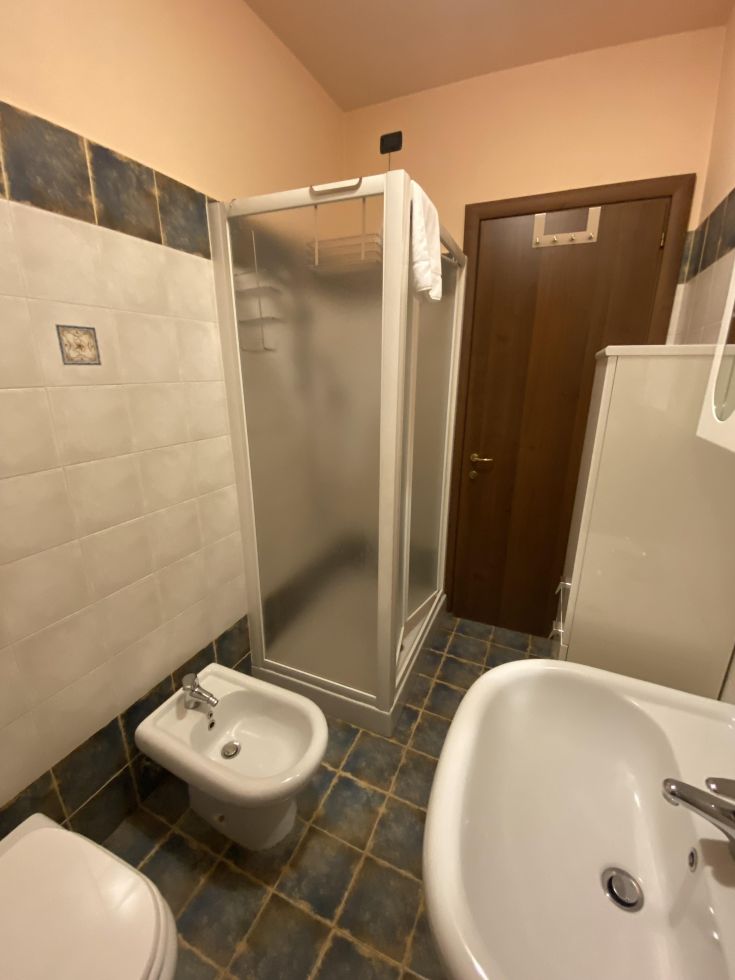 Un bagno ben arredato con doccia, lavabo e wc. Arredi funzionali e tonalità neutre.