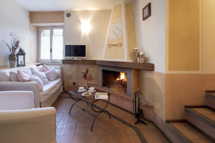 Un soggiorno semplice con camino, TV e qualche decorazione che crea un'atmosfera familiare.