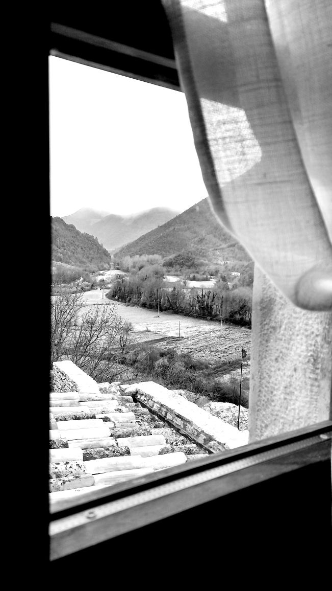 Panorama che mostra colline verdi e alberi attraverso una finestra, rappresentando un ambiente naturale.