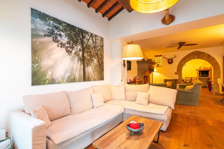 Ein einfaches Wohnzimmer mit Sofa und Lampe, das ein großes Wandfresko mit Naturthema zeigt.