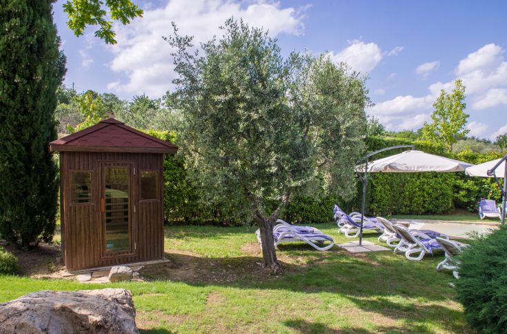 Eine Holzhütte im Garten, umgeben von grünen Pflanzen und Liegen zum Entspannen.