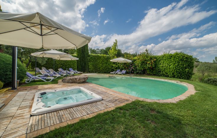 Ein Entspannungsbereich mit Pool und Whirlpool, umgeben von einem gut gepflegten grünen Garten.