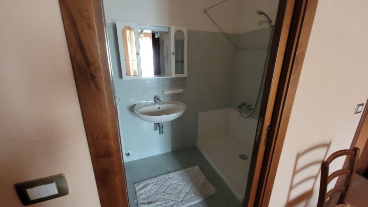 Salle de bain bien meublée et fonctionnelle, équipée d'une douche et d'un lavabo. L'atmosphère est simple et accueillante.