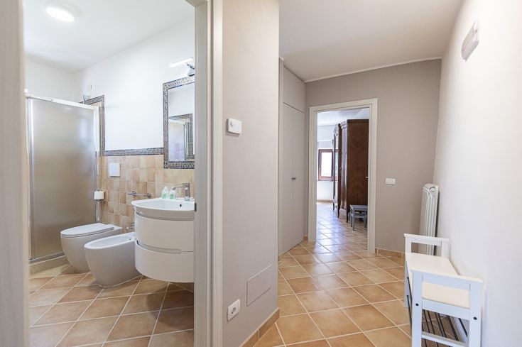 Salle de bain simple avec douche et espace buanderie dans un appartement confortable.