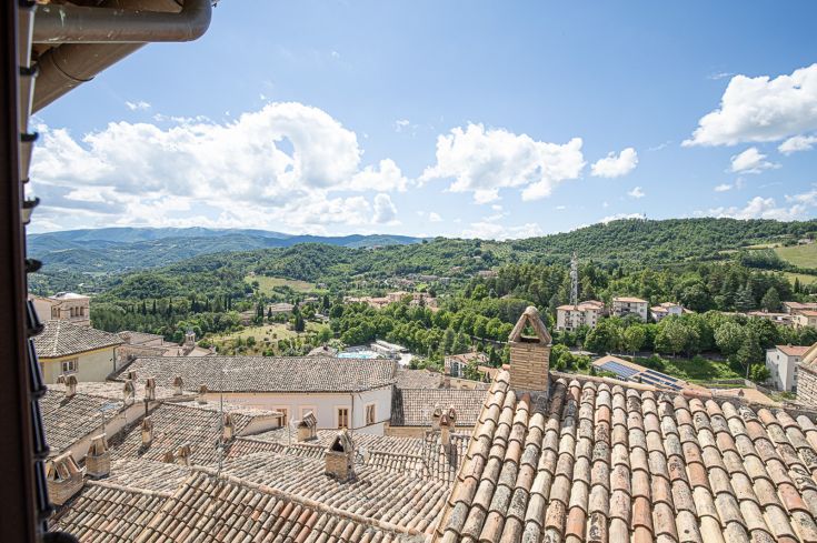 Panorama aérien montrant des toits en tuiles et des douces collines vertes sous un ciel clair.