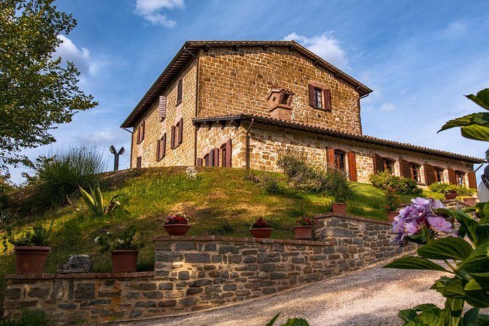 Restored farmhouse surrounded by trees and greenery, ideal for a peaceful getaway in the countryside.