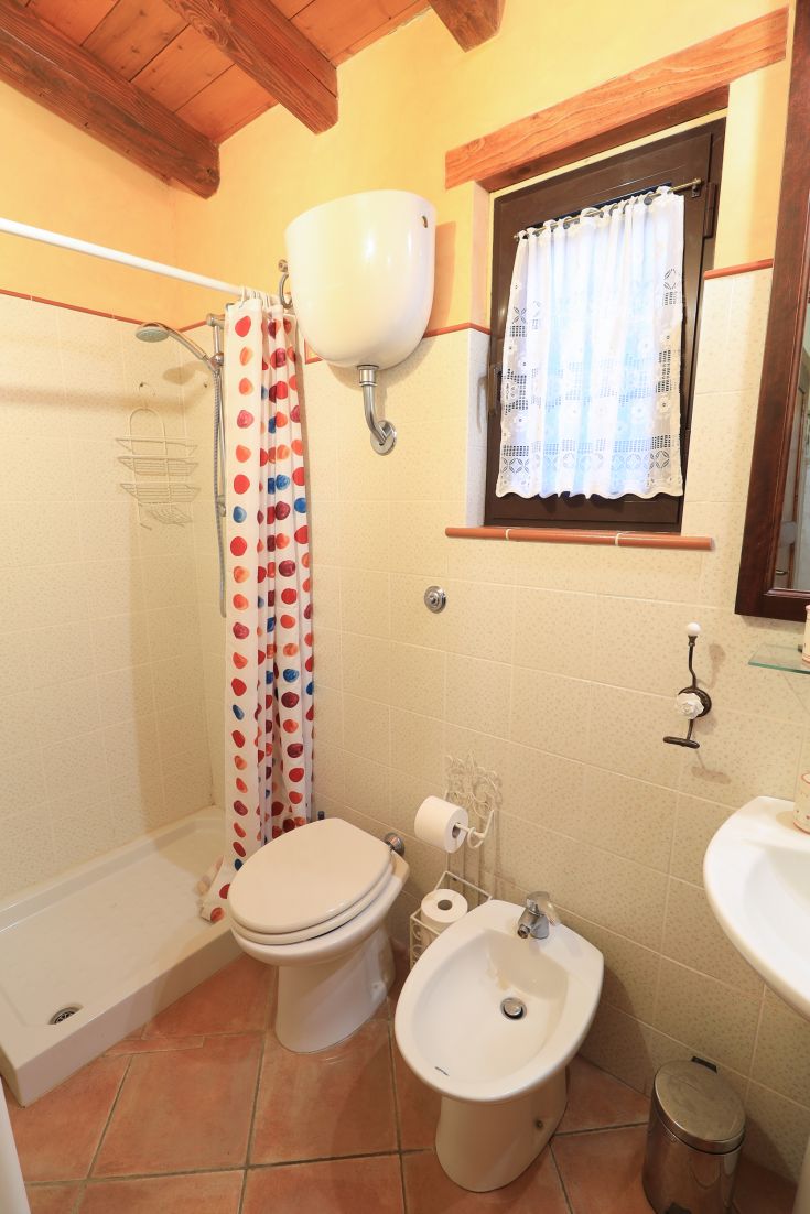 Bagno con piastrelle chiare, dotato di una doccia con tendina e decorazioni semplici.