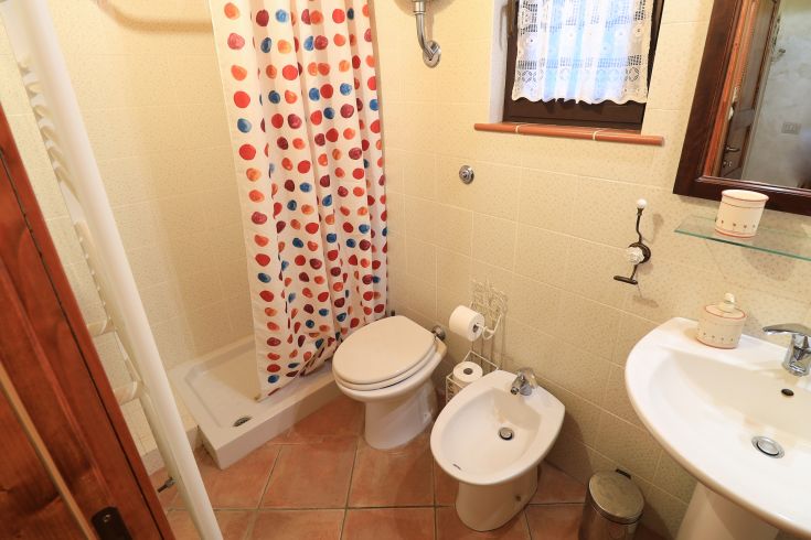 Bagno spazioso con doccia, caratterizzato da dettagli colorati e un'atmosfera gradevole per momenti di relax.