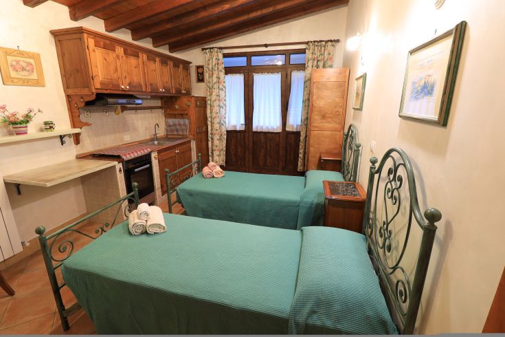 Camera confortevole con due letti singoli e piccolo angolo cottura. Arredamento in legno e atmosfera tranquilla.