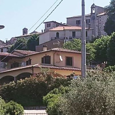 A panoramic view of a village with stone houses surrounded by greenery, in a tranquil and charming setting.