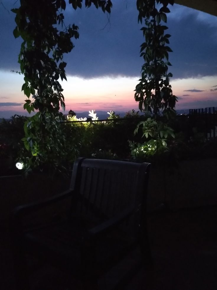 A cozy flower garden at sunset, featuring a chair to enjoy the moment.