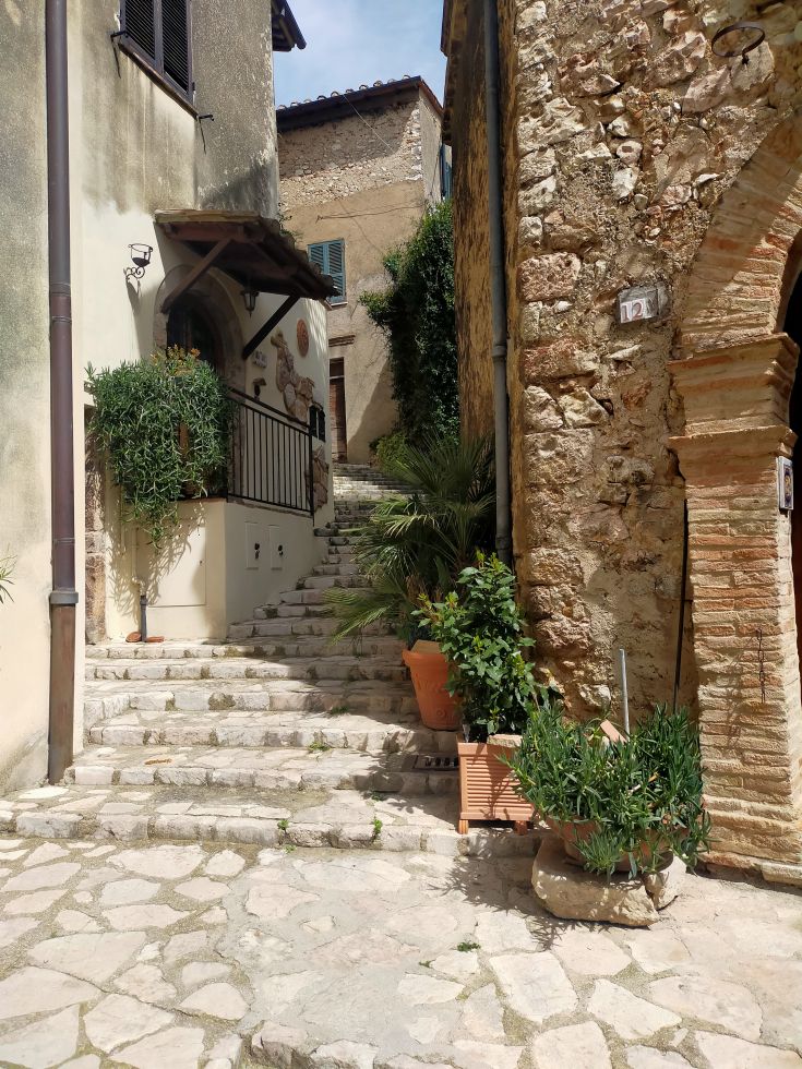 Corner of a quiet alley featuring stone steps, plants, and historic architectural details.