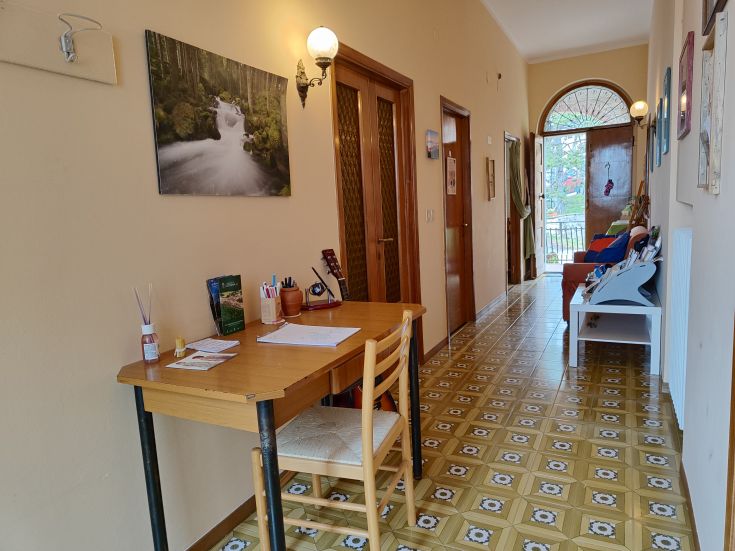 A well-furnished hallway with a table, leading to outdoor spaces and illuminated by large windows.