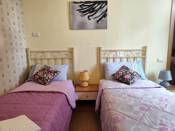 A peaceful room featuring two single beds, decorated with vibrant blankets and floral pillows.