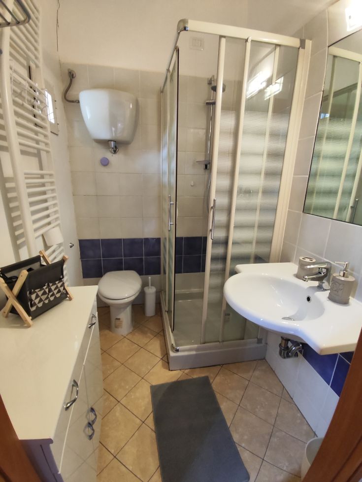 A modern bathroom featuring a shower, sink, and essential sanitary fittings. Subtle colors and clean lines.
