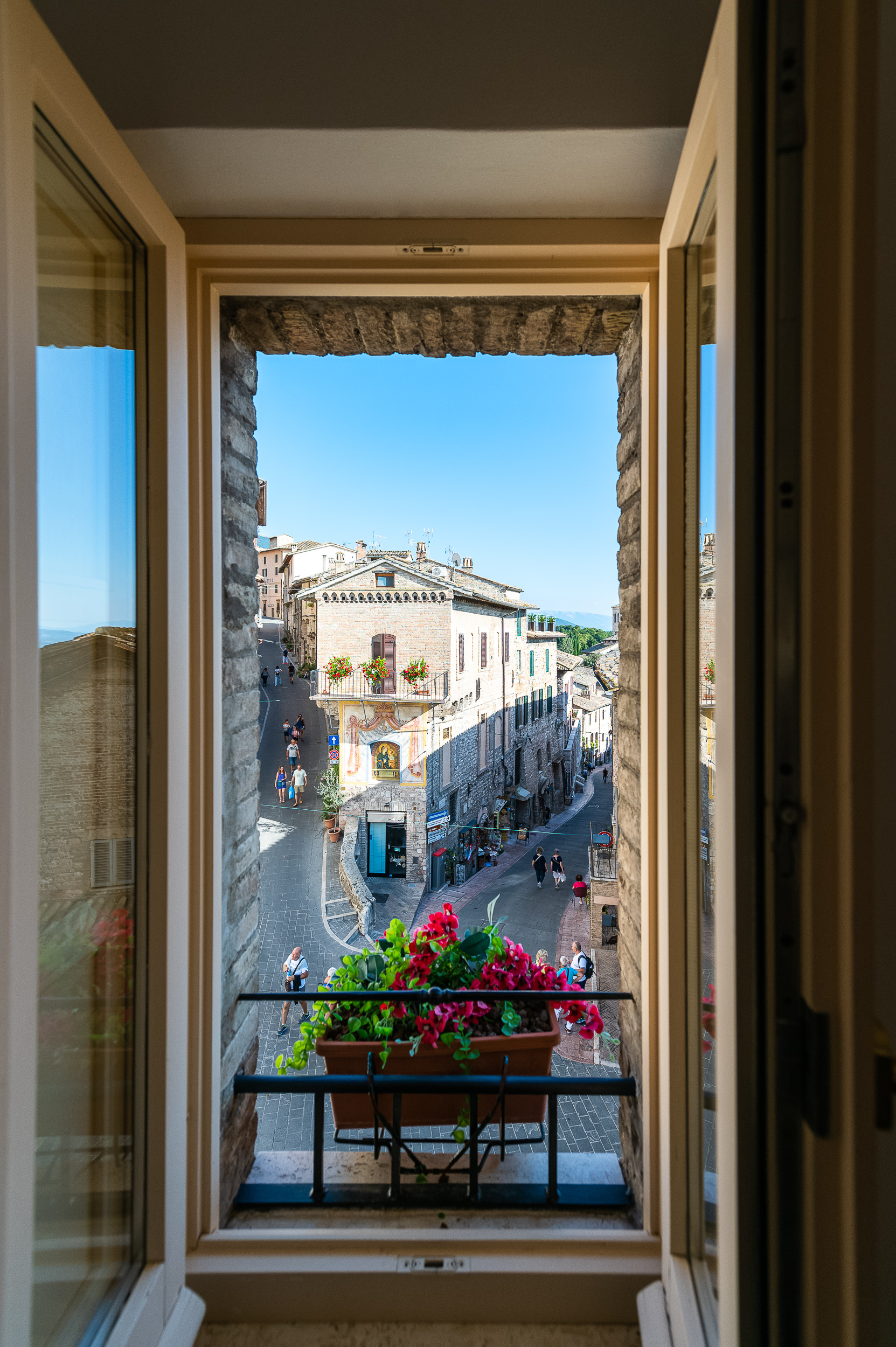 Panorama da una finestra che mostra strade storiche e piante in fiore.