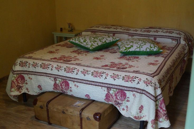 Camera con letto matrimoniale e cuscini decorati, in un ambiente accogliente e rilassante.