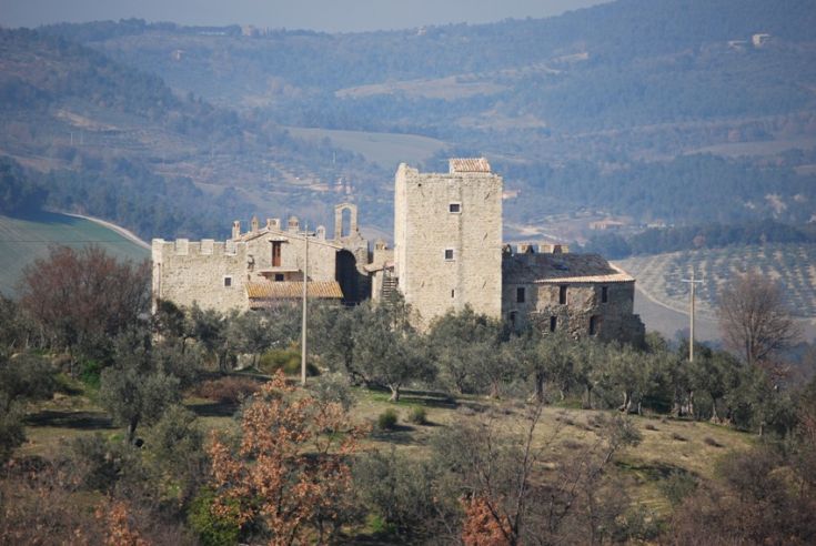 Ein historisches Gebäude, umgeben von Olivenbäumen, mit einem ruhigen Panoramablick auf die umbrische Landschaft.