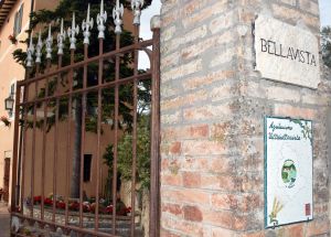 Entrance to Agriturismo Bellavista, featuring a simple fence and a well-kept garden with flowers.