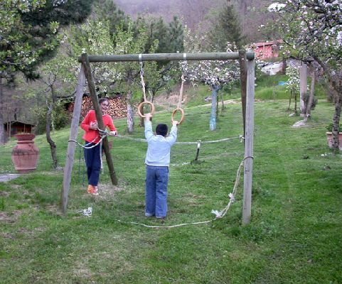 A group of children plays in the garden, enjoying a swing and gymnastic rings.