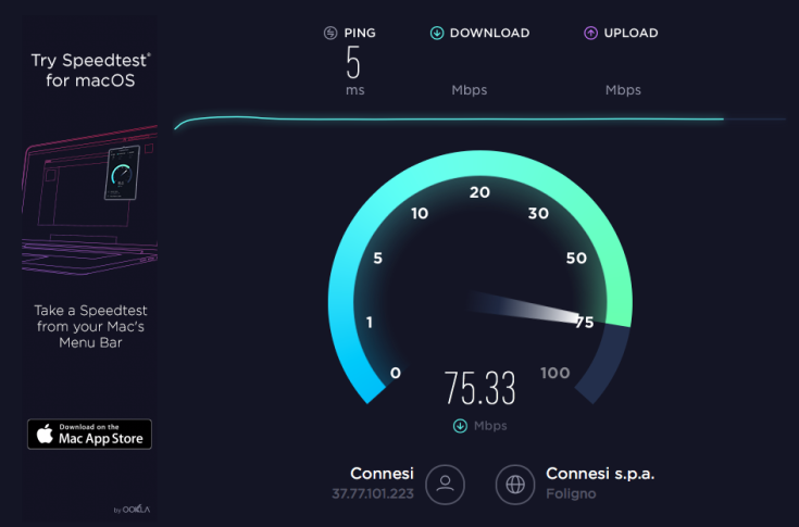 Internet connection test result: download speed at 75.33 Mbps and ping at 5 ms.