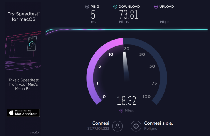 Connection test results: download 73.81 Mbps, upload 18.32 Mbps, ping 5 ms.