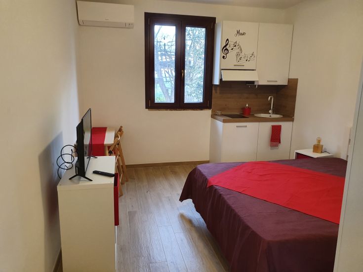 Gemütliches Mini-Apartment mit Doppelbett, ausgestatteter Küche und Fernseher, in ruhiger Lage.