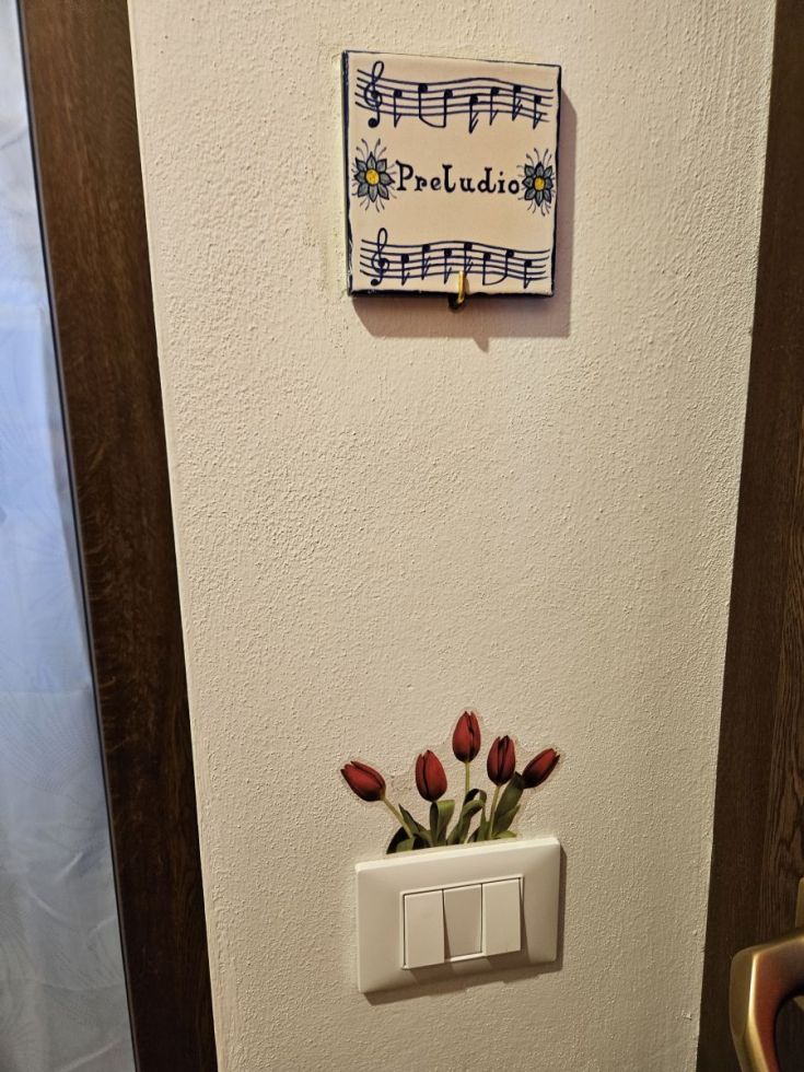 Details zu einem Eingang mit einem Musikschild und künstlichen Tulpen.