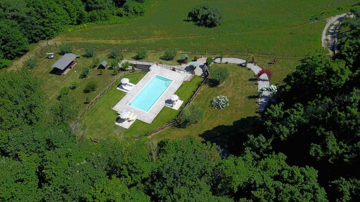 Ein friedlicher Bereich, umgeben von Natur, mit einem Pool und weiten Rasenflächen, ideal zum Entspannen.