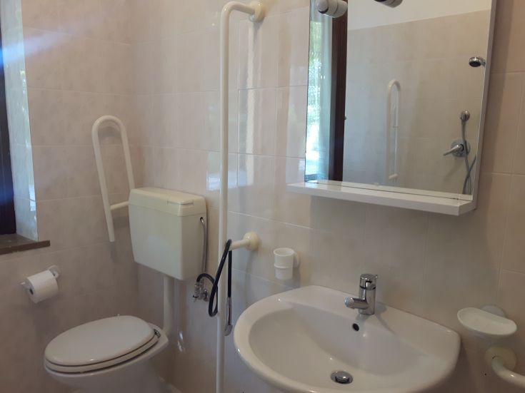 Salle de bain moderne avec douche accessible, lavabo et sanitaires. Espace lumineux et fonctionnel.