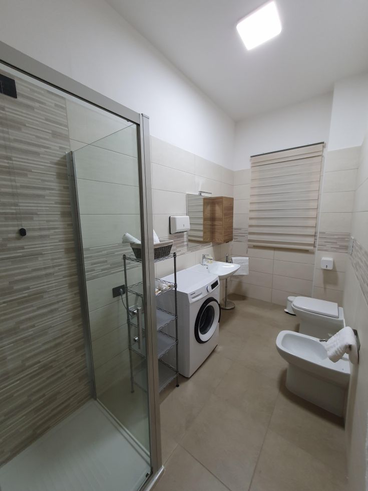Simple and functional bathroom with shower box, washing machine, and sanitary ware, bright environment.