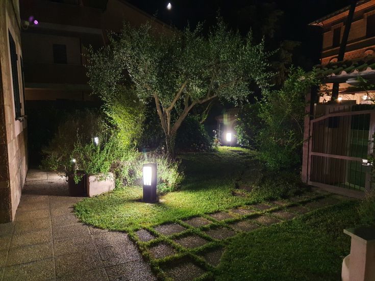 A serene garden at night, illuminated by lamps, featuring trees and pathways that create a tranquil atmosphere.
