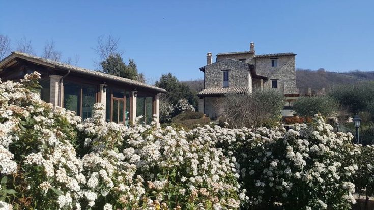 Struttura immersa in un contesto di fiori bianchi, con panorama su colline e edifici storici.