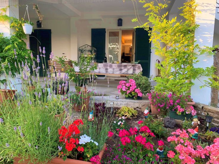 Ein Garten mit verschiedenen blühenden Pflanzen und einer gemütlichen Terrasse.